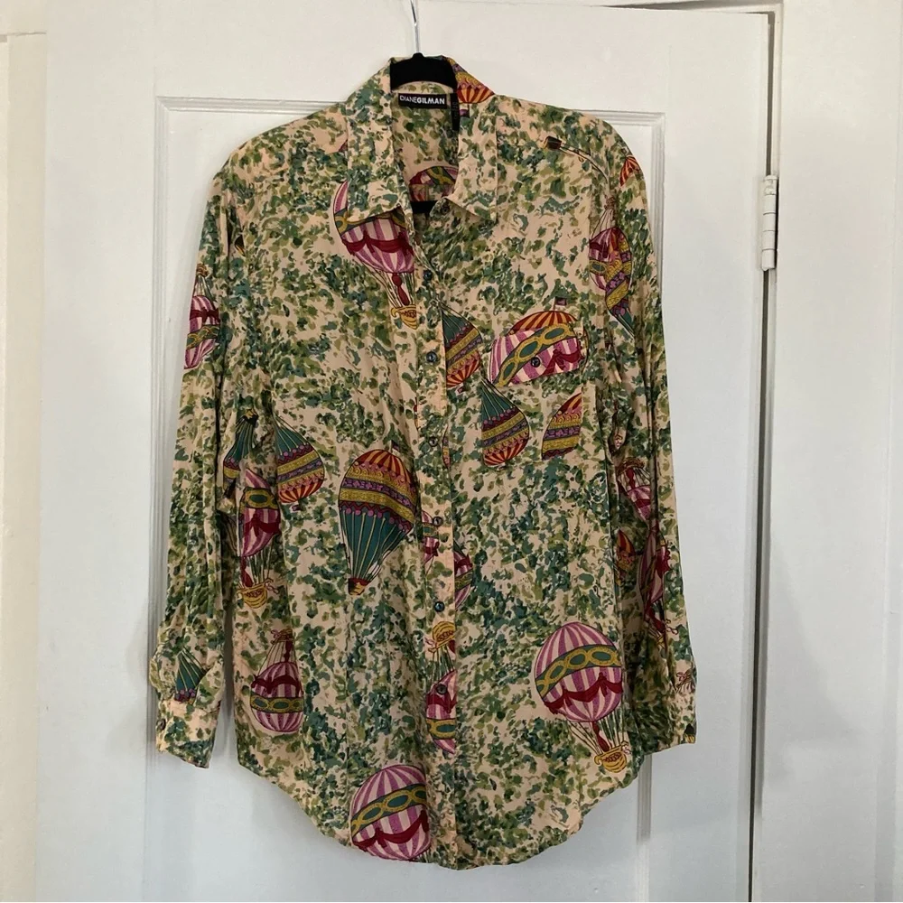 Vintage 90s silk Diane Gillman Hot Air Balloon novelty blouse button up size L - Picture 3 of 12
